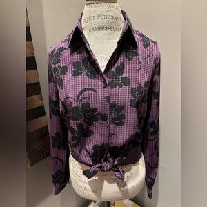 EUC Karen Scott Purple and Black Floral Waffle-Textured Blouse